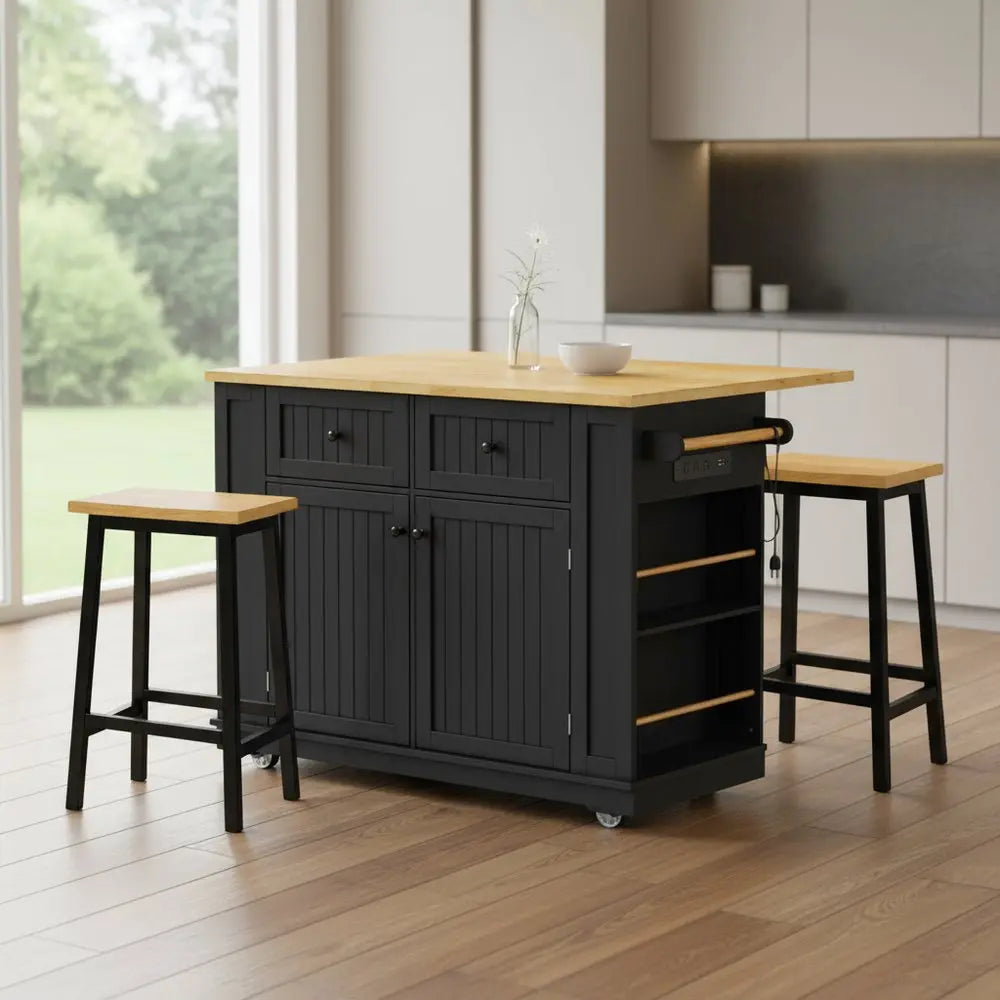 45" Black Wood Barn Door Rolling Kitchen Island Set With Storage With USB - NOVA HOME FURNITURE