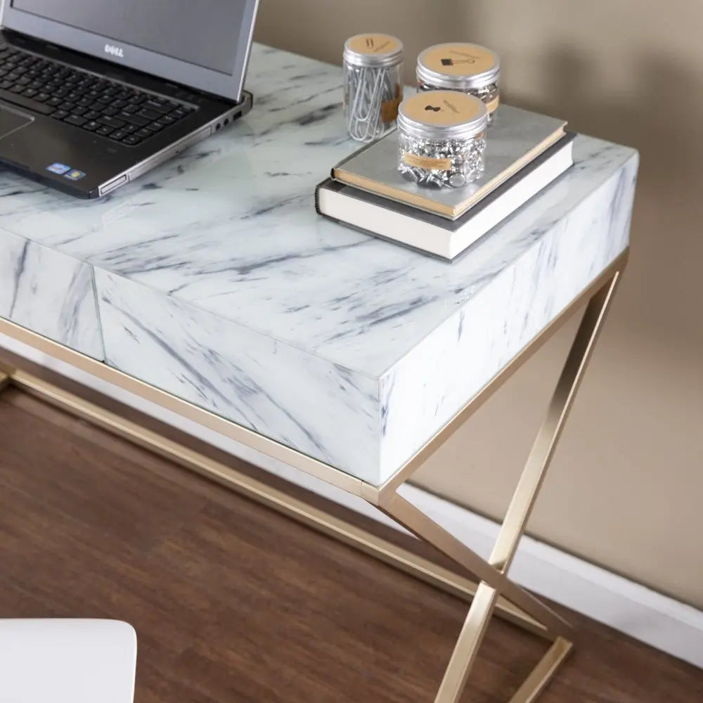 45" White and Bronze Glass Writing Desk With Two Drawers - NOBLE HOME INTERIORS