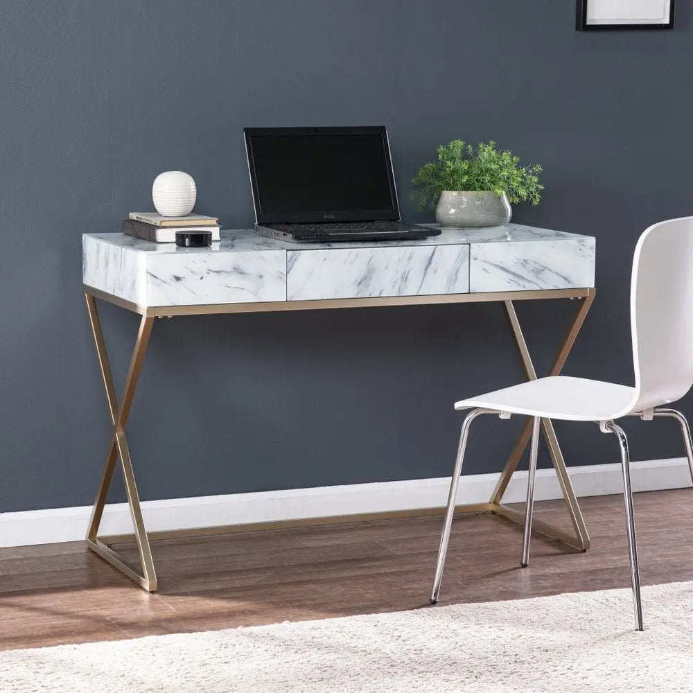 45" White and Bronze Glass Writing Desk With Two Drawers - NOBLE HOME INTERIORS