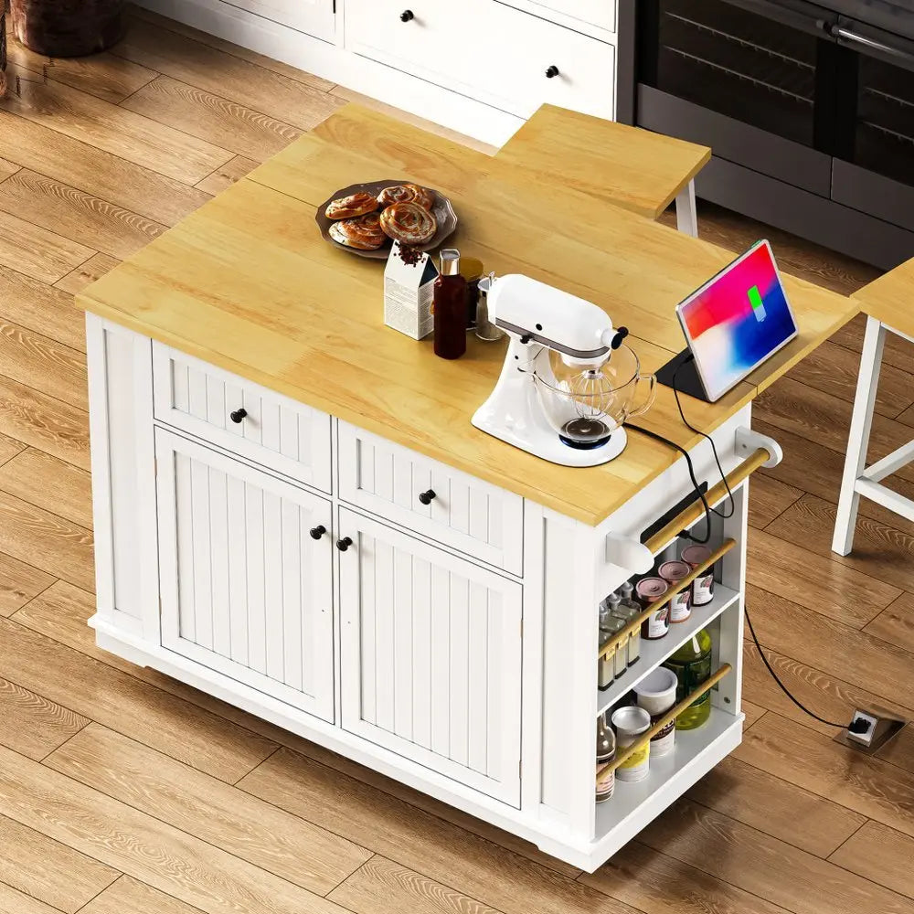 45" White Wood Barn Door Rolling Kitchen Island Set With Storage With USB - NOVA HOME FURNITURE