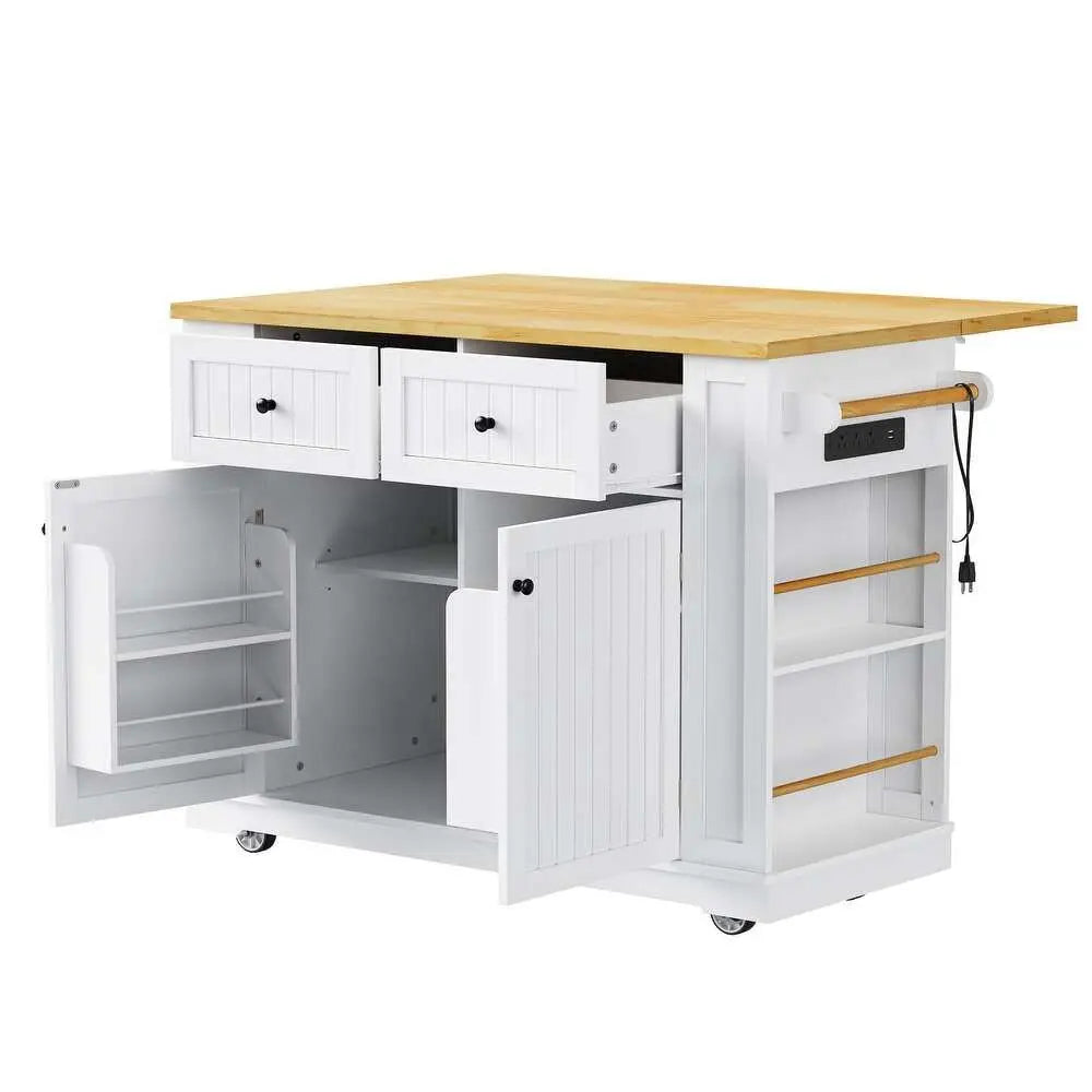 45" White Wood Barn Door Rolling Kitchen Island Set With Storage With USB - NOVA HOME FURNITURE