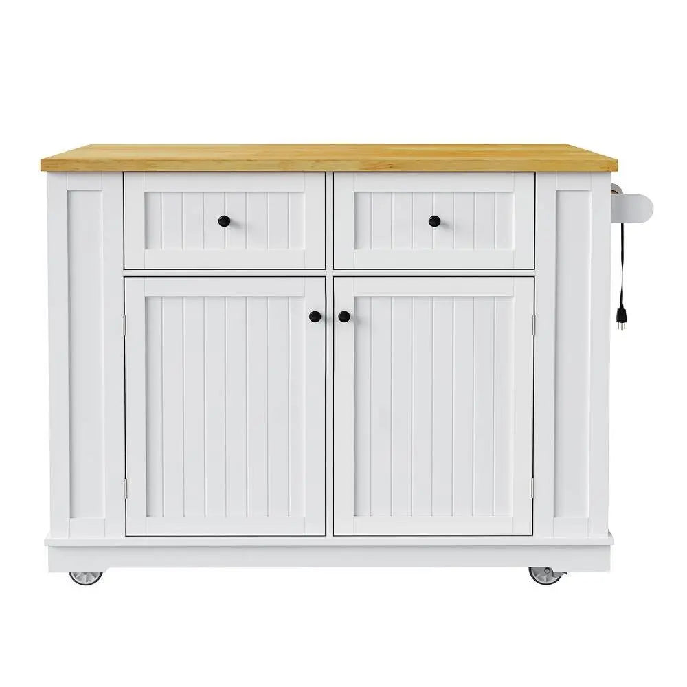 45" White Wood Barn Door Rolling Kitchen Island Set With Storage With USB - NOVA HOME FURNITURE
