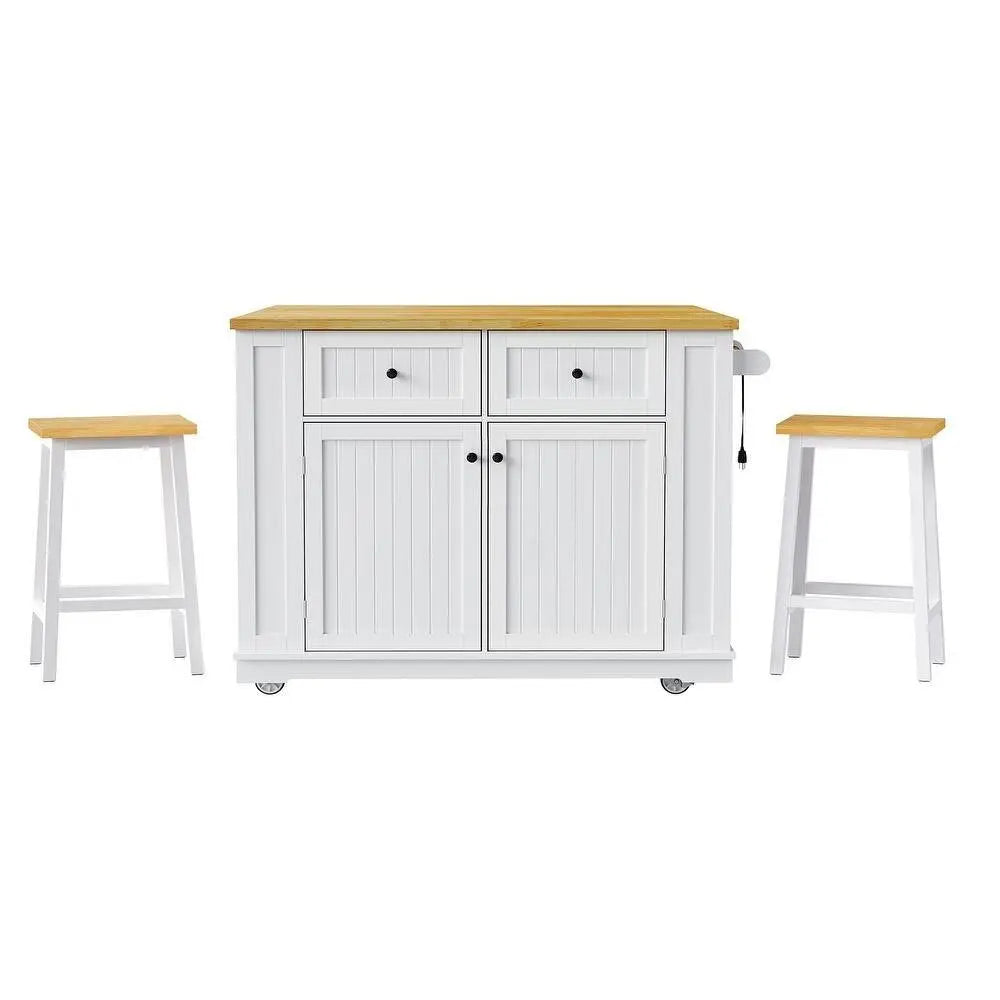 45" White Wood Barn Door Rolling Kitchen Island Set With Storage With USB - NOVA HOME FURNITURE