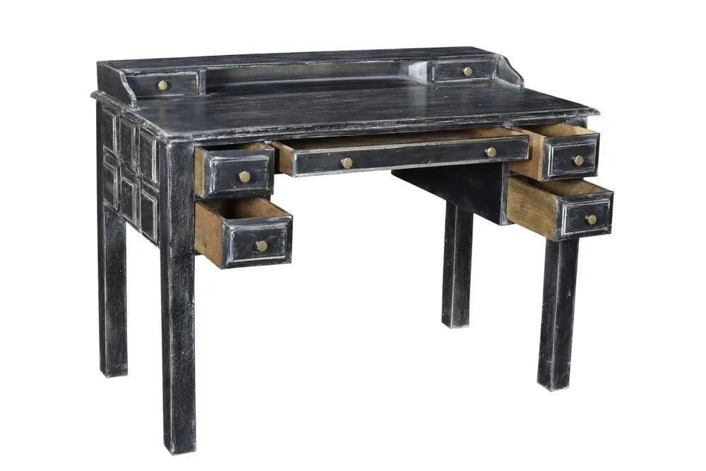 46" Black Solid Wood Writing Desk With Seven Drawers - NOBLE HOME INTERIORS