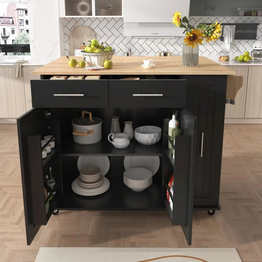 46" Black Wood Barn Door Rolling Kitchen Island With Storage - NOVA HOME FURNITURE