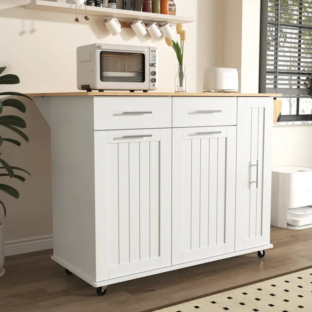 46" White Wood Barn Door Rolling Kitchen Island With Storage - NOVA HOME FURNITURE