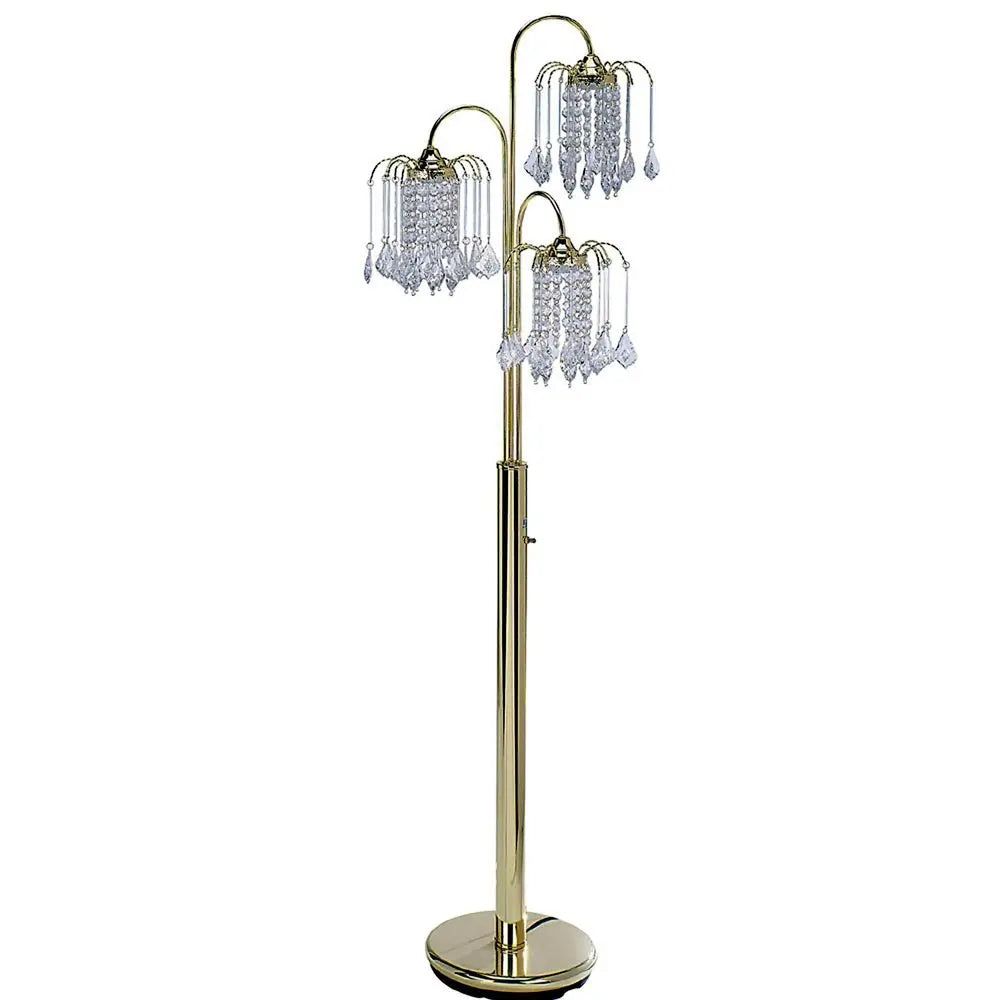 63" Gold Three Lights Candelabra Floor Lamp With Clear Faux Crystal Shades HomeRoots
