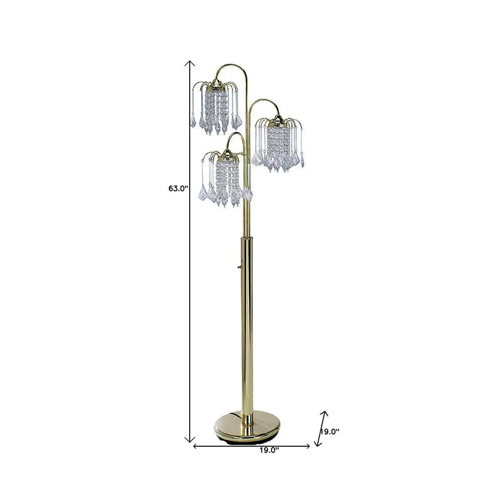63" Gold Three Lights Candelabra Floor Lamp With Clear Faux Crystal Shades HomeRoots