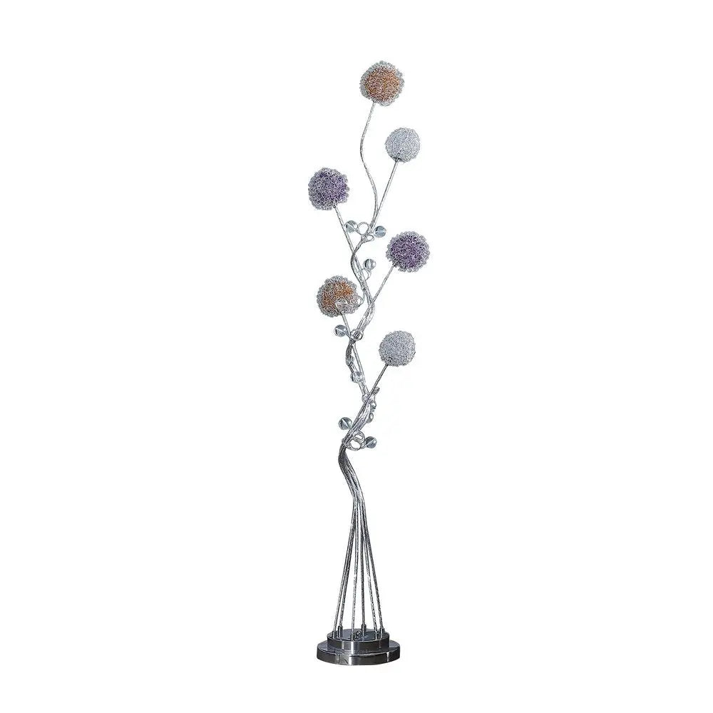 59" Silver Six Light LED Novelty Floor Lamp With Purple And White Metal Novelty Shade HomeRoots