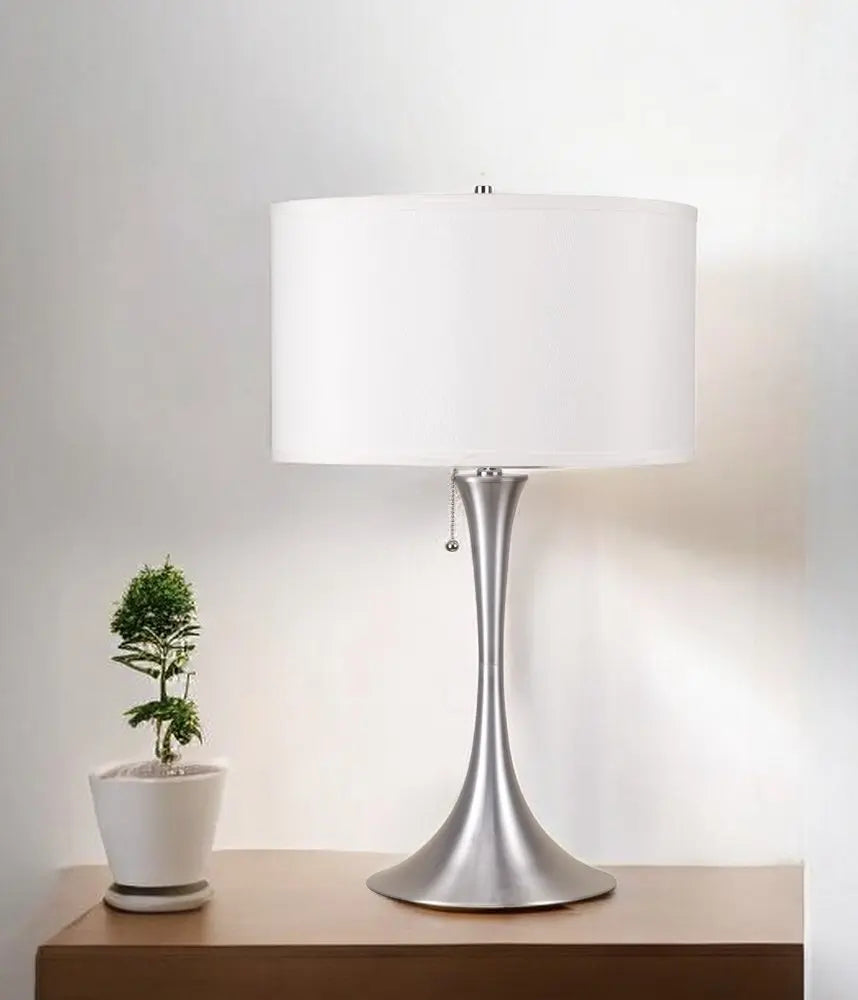 28" Silver Metal Bedside Table Lamp With White Shade HomeRoots