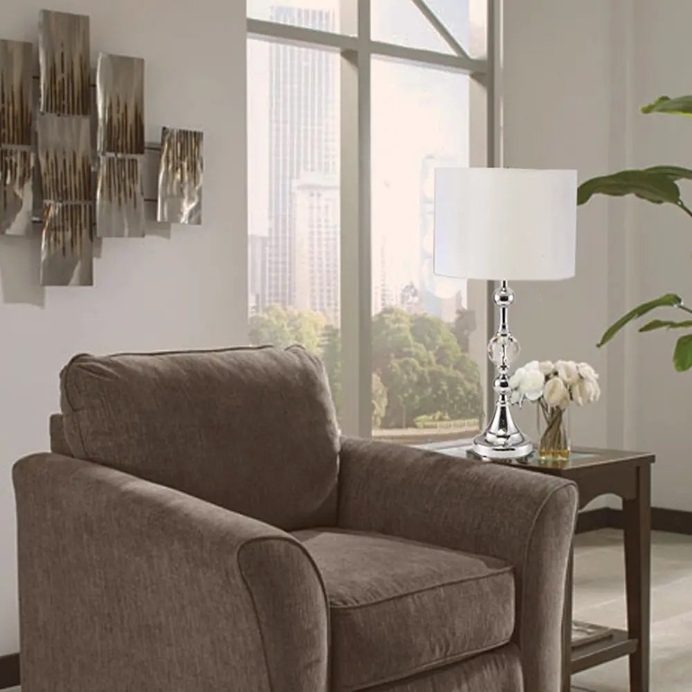 30" Silver Metal Bedside Table Lamp With White Classic Drum Shade HomeRoots