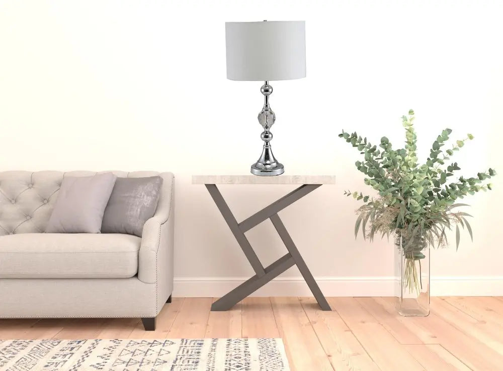 30" Silver Metal Bedside Table Lamp With White Classic Drum Shade HomeRoots