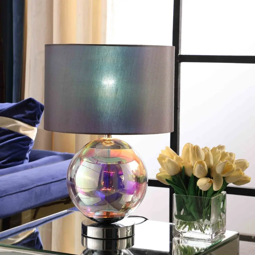 19" Iridescent Glass Globe Table Lamp With Gray Classic Drum Shade HomeRoots