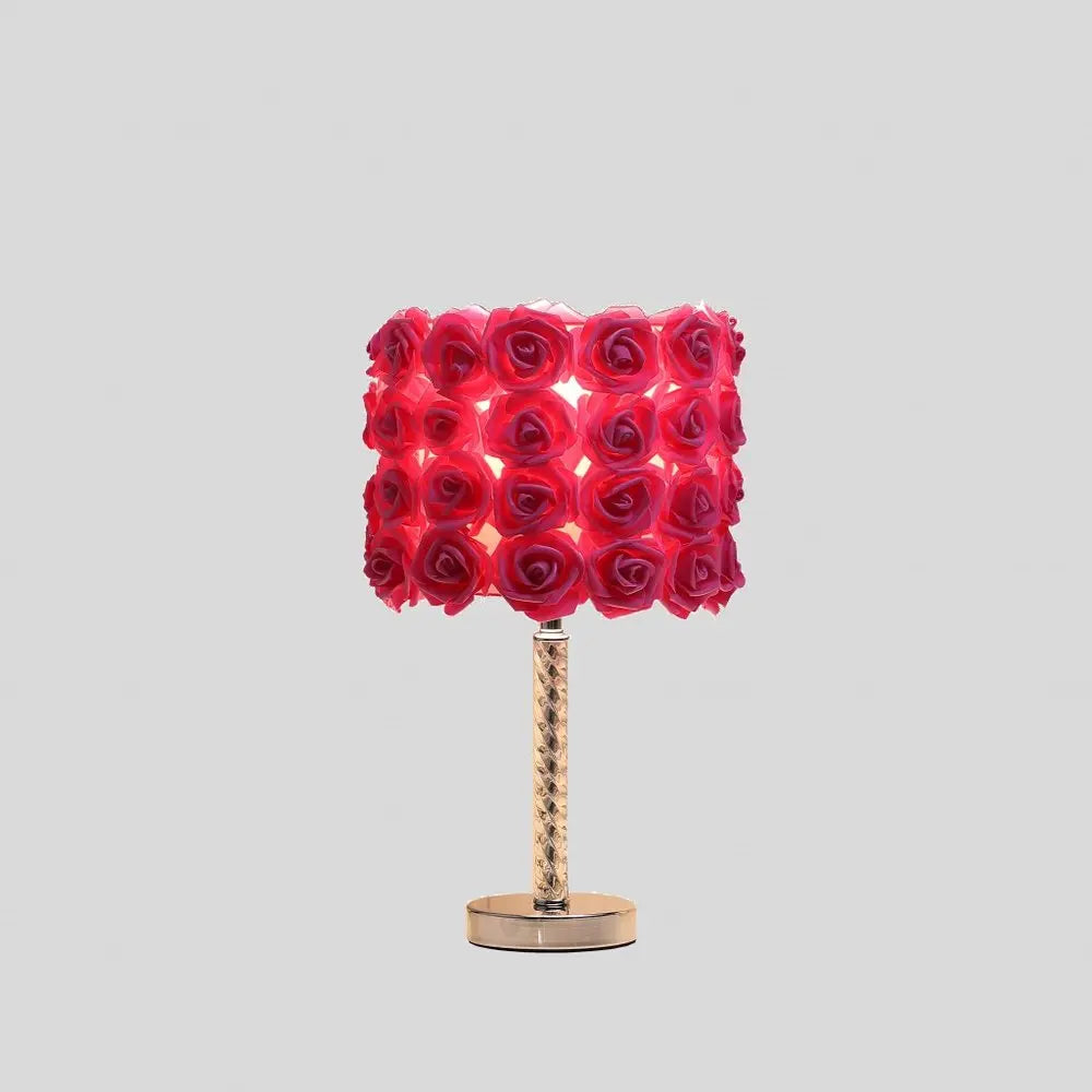 18" Silver Bedside Led Table Lamp With Red Flowers Drum Shade HomeRoots