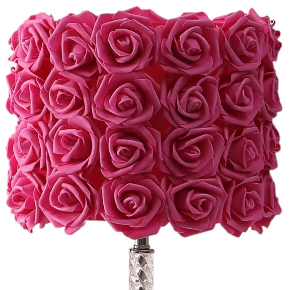 18" Silver Bedside Led Table Lamp With Red Flowers Drum Shade HomeRoots