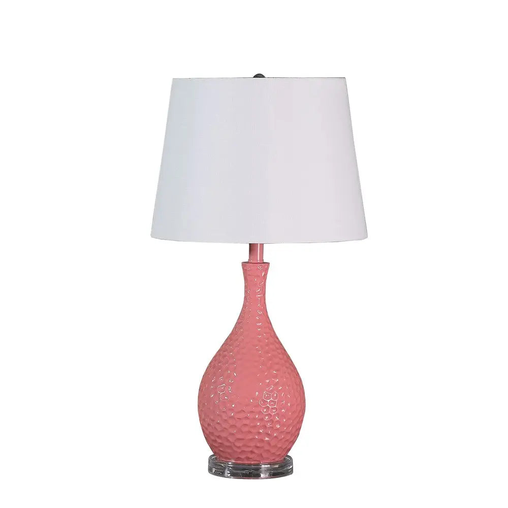 28" Pink Hammered Urn Table Lamp With White Tapered Drum Shade HomeRoots