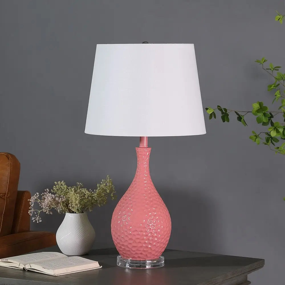 28" Pink Hammered Urn Table Lamp With White Tapered Drum Shade HomeRoots