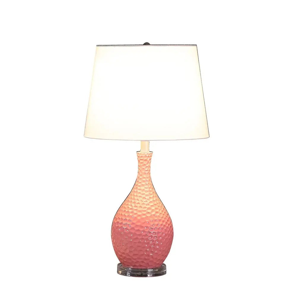 28" Pink Hammered Urn Table Lamp With White Tapered Drum Shade HomeRoots