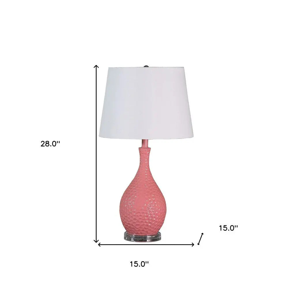 28" Pink Hammered Urn Table Lamp With White Tapered Drum Shade HomeRoots