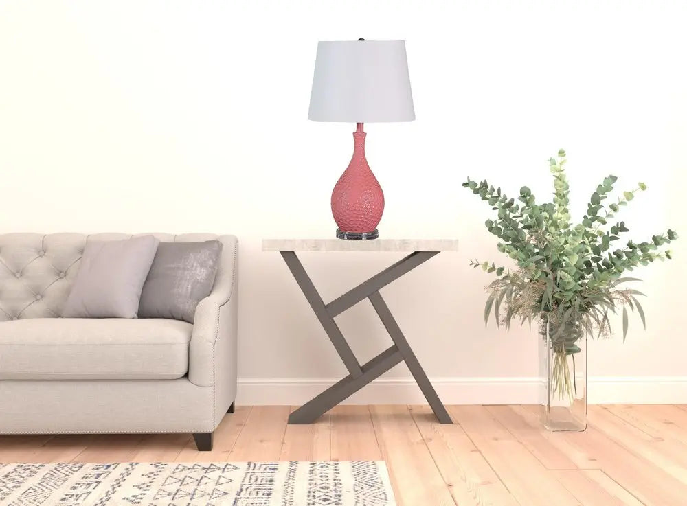 28" Pink Hammered Urn Table Lamp With White Tapered Drum Shade HomeRoots