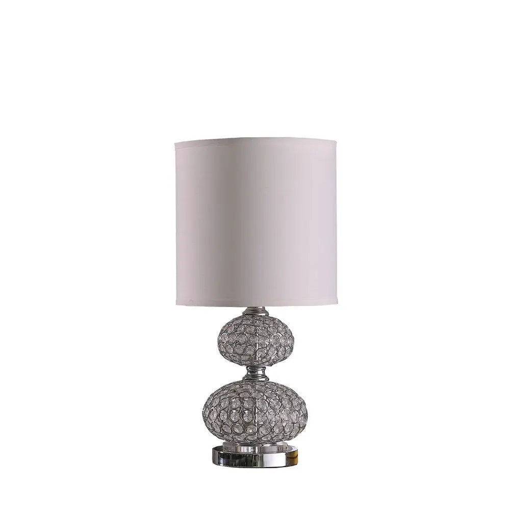 24" Chrome and Faux Crystal Double Orb Table Lamp With White Classic Drum Shade HomeRoots