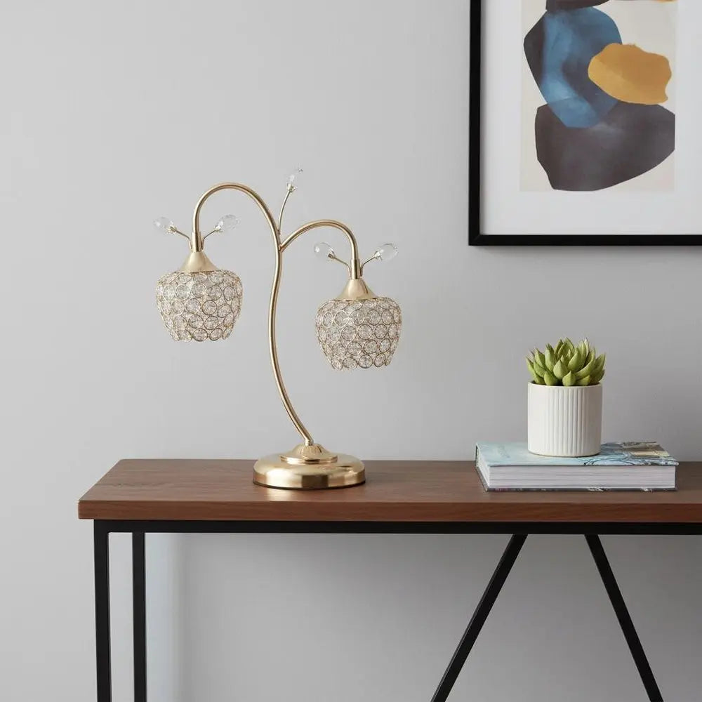 17" Gold Two Light Bedside Table Lamp With Clear Novelty Shade HomeRoots