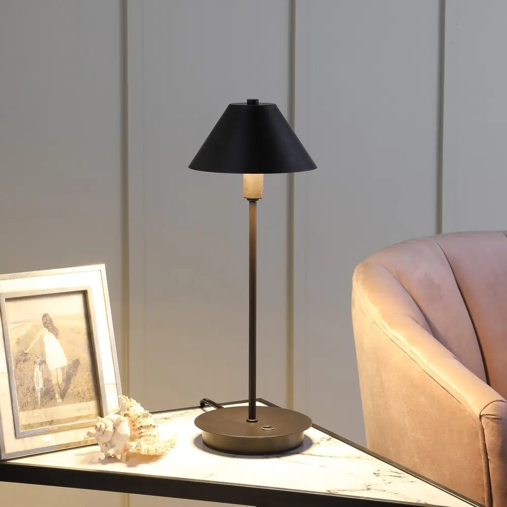 18" Black Metal Bedside Table Lamp With Black Cone Shade HomeRoots