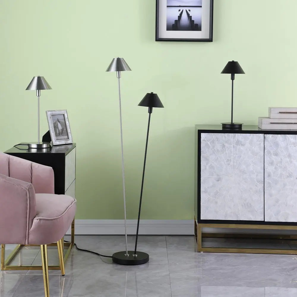 18" Black Metal Bedside Table Lamp With Black Cone Shade HomeRoots