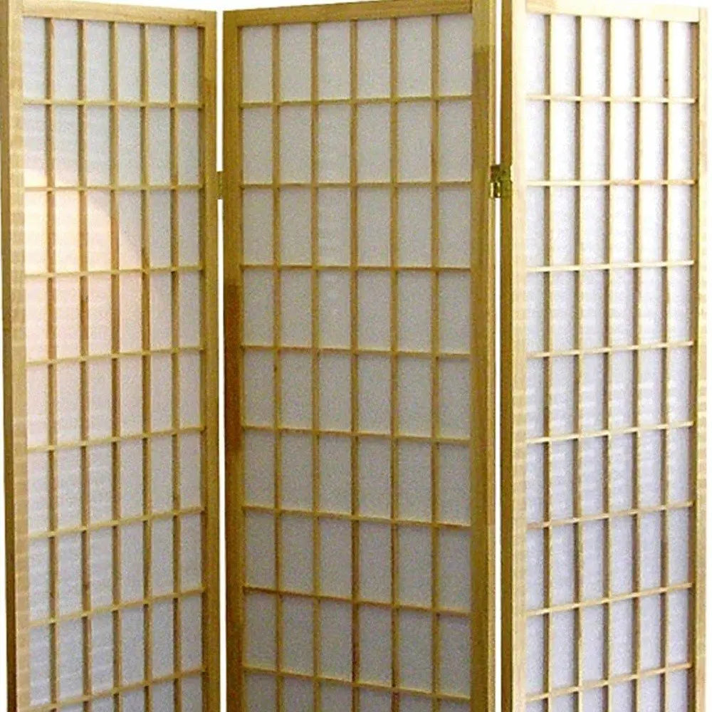 70" Brown Heavy Duty Rice Paper Folding Three Panel Screen Room Divider HomeRoots