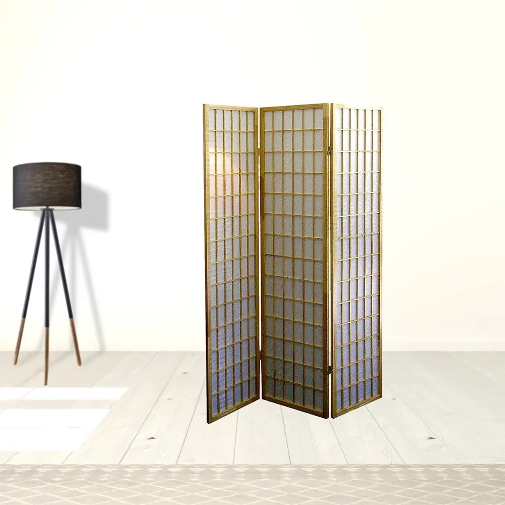 70" Brown Heavy Duty Rice Paper Folding Three Panel Screen Room Divider HomeRoots