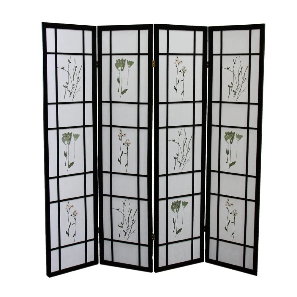 70" Black And White Heavy Duty Rice Paper Folding Four Panel Screen Room Divider HomeRoots