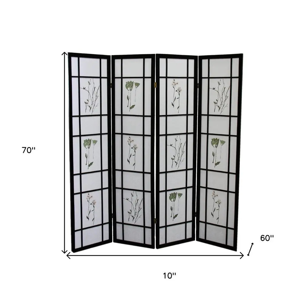 70" Black And White Heavy Duty Rice Paper Folding Four Panel Screen Room Divider HomeRoots