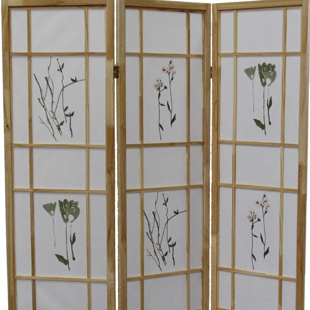 70" Brown And White Heavy Duty Rice Paper Folding Three Panel Screen Room Divider HomeRoots