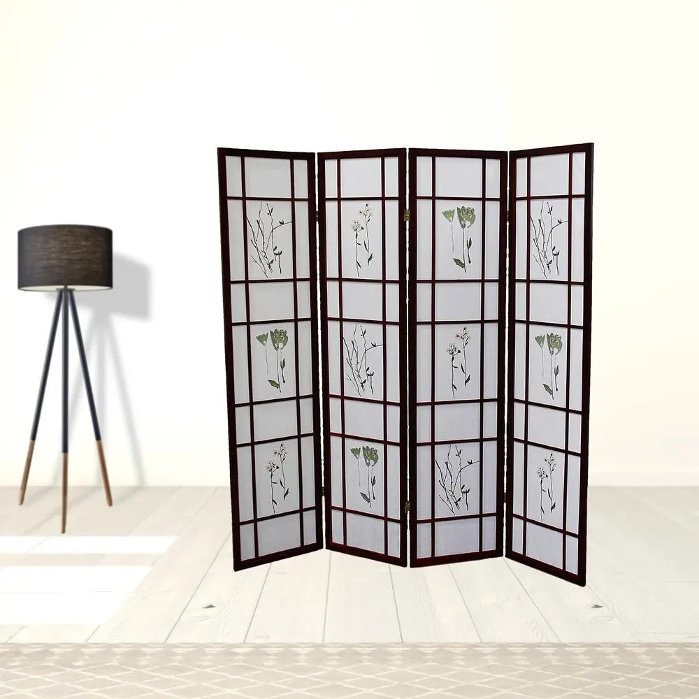 70" Brown Heavy Duty Rice Paper Folding Four Panel Screen Room Divider
