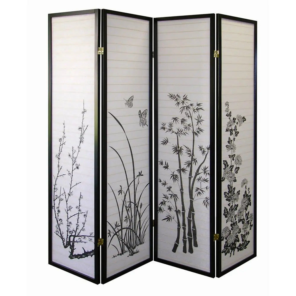 70" Black And White Heavy Duty Rice Paper Folding Four Panel Screen Room Divider HomeRoots