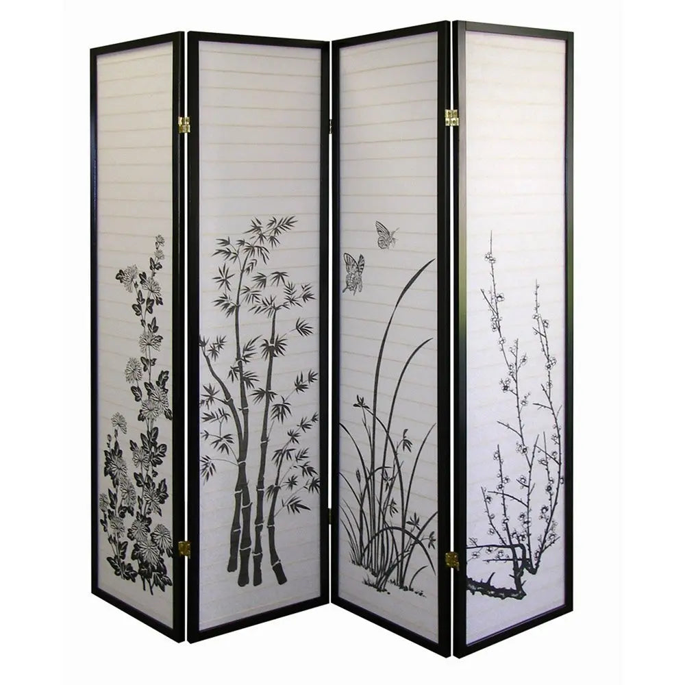 70" Black And White Heavy Duty Rice Paper Folding Four Panel Screen Room Divider HomeRoots
