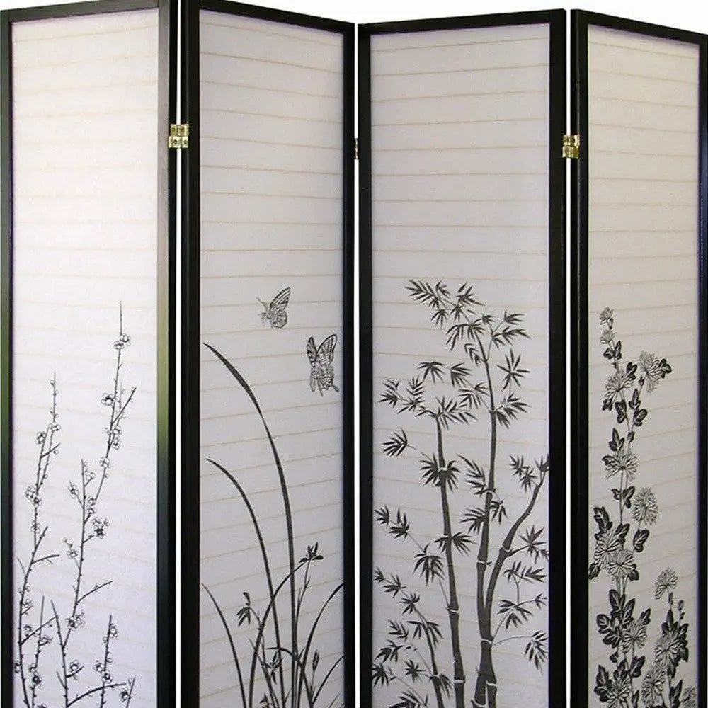 70" Black And White Heavy Duty Rice Paper Folding Four Panel Screen Room Divider HomeRoots
