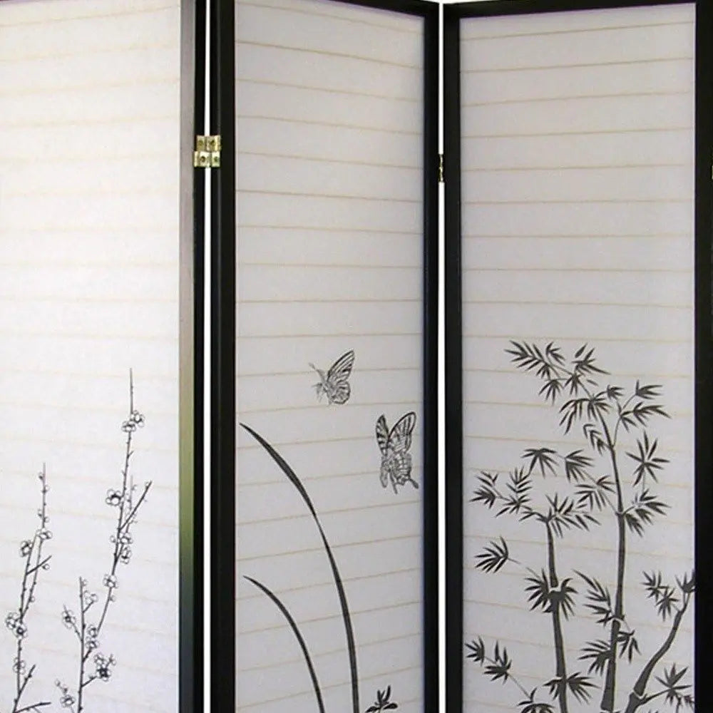 70" Black And White Heavy Duty Rice Paper Folding Four Panel Screen Room Divider HomeRoots