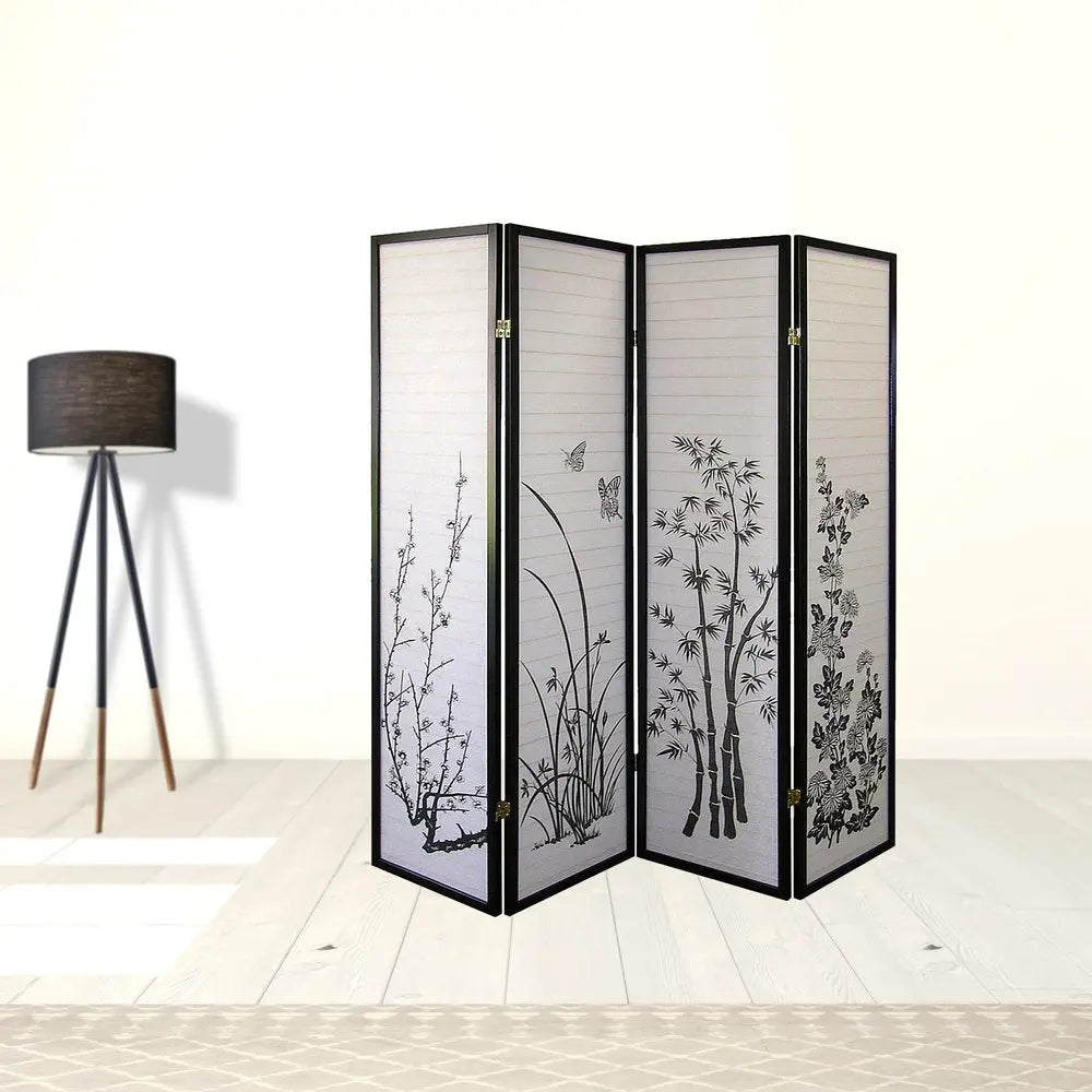 70" Black And White Heavy Duty Rice Paper Folding Four Panel Screen Room Divider HomeRoots