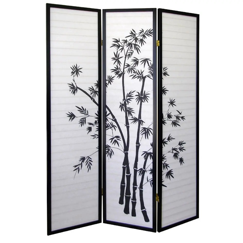 70" Black And White Heavy Duty Rice Paper Folding Three Panel Screen Room Divider