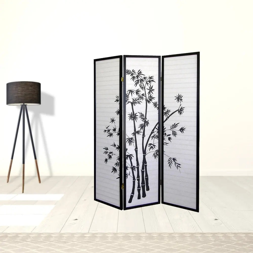 70" Black And White Heavy Duty Rice Paper Folding Three Panel Screen Room Divider