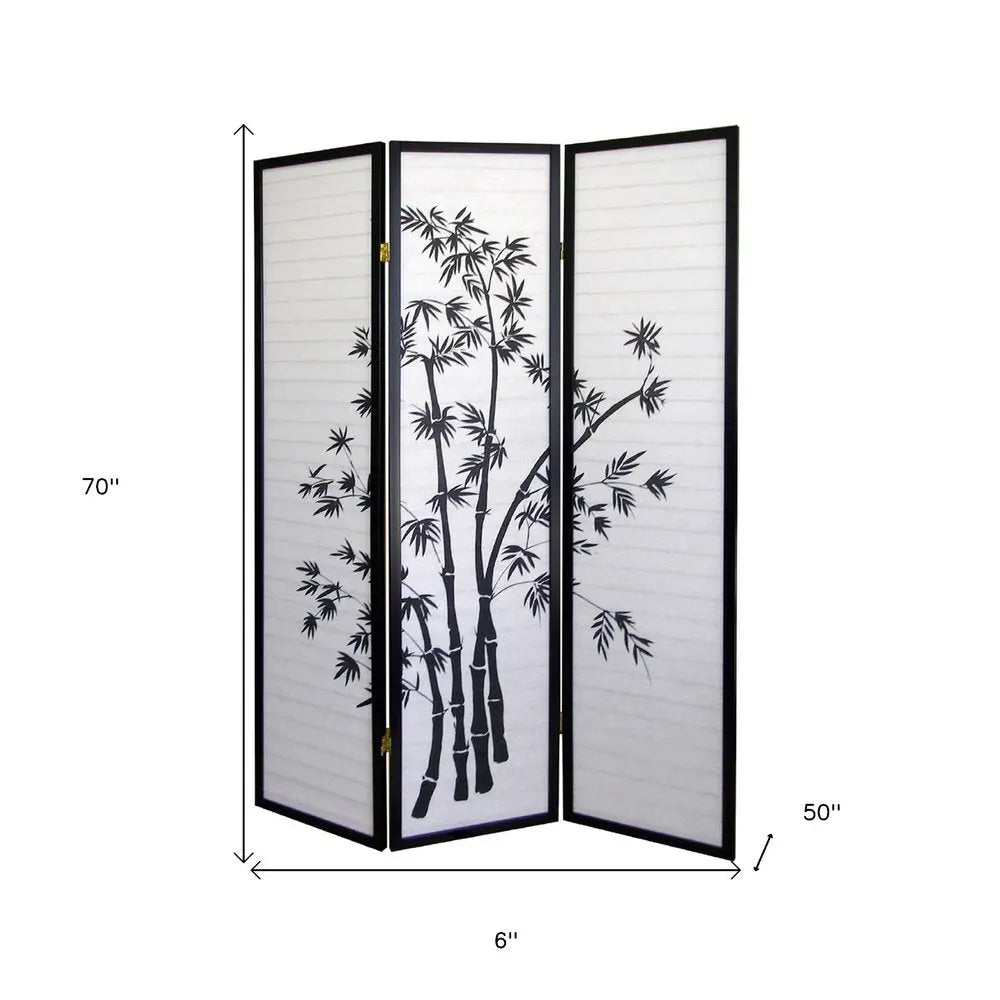 70" Black And White Heavy Duty Rice Paper Folding Three Panel Screen Room Divider