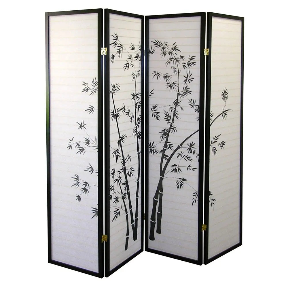 70" Black And White Heavy Duty Rice Paper Folding Four Panel Screen Room Divider HomeRoots