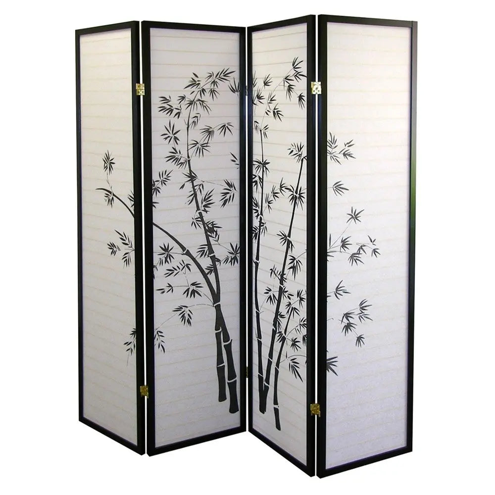 70" Black And White Heavy Duty Rice Paper Folding Four Panel Screen Room Divider HomeRoots
