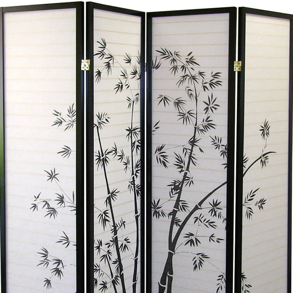 70" Black And White Heavy Duty Rice Paper Folding Four Panel Screen Room Divider HomeRoots