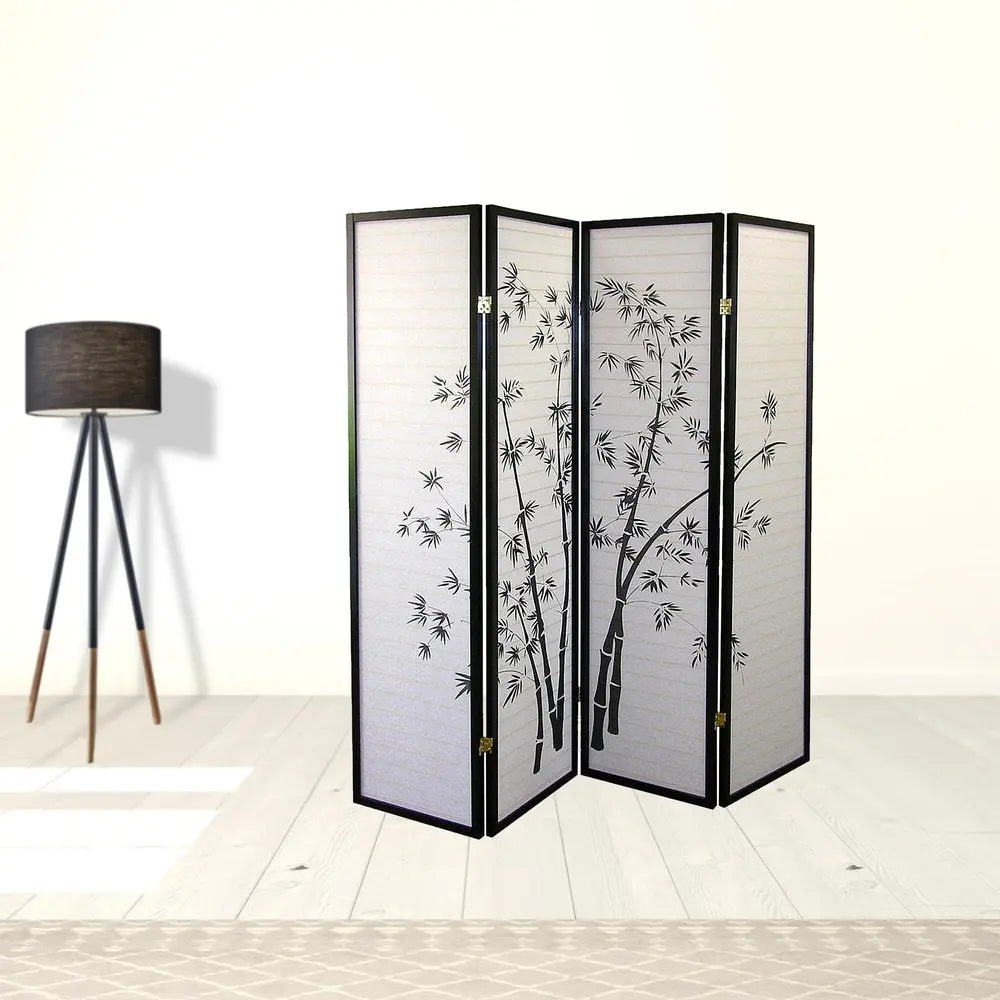 70" Black And White Heavy Duty Rice Paper Folding Four Panel Screen Room Divider HomeRoots