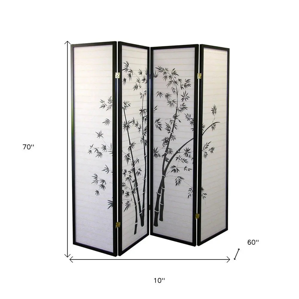 70" Black And White Heavy Duty Rice Paper Folding Four Panel Screen Room Divider HomeRoots