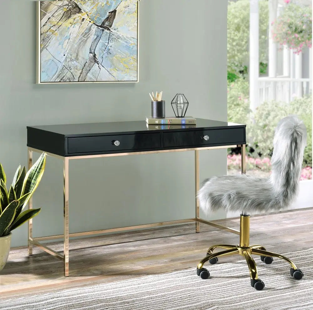 47" Black and Gold Writing Desk With Two Drawers - NOBLE HOME INTERIORS