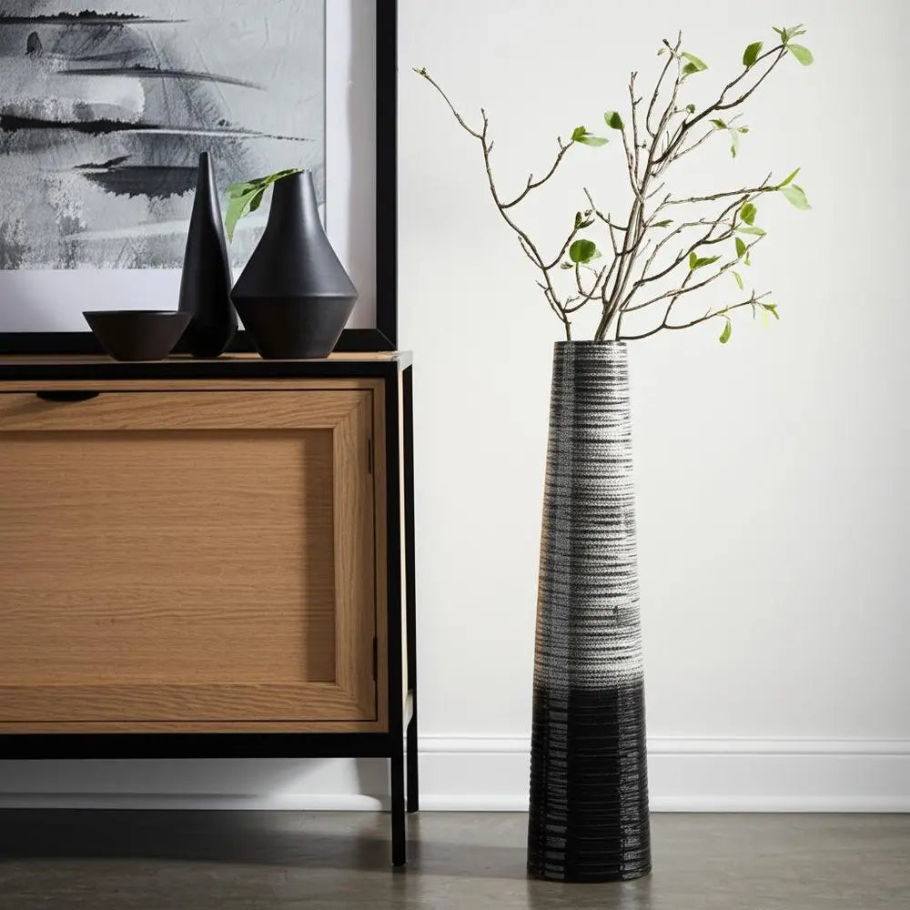 47" Black And Gray Ombre Tapered Ceramic Floor Vase - NOBLE HOME INTERIORS