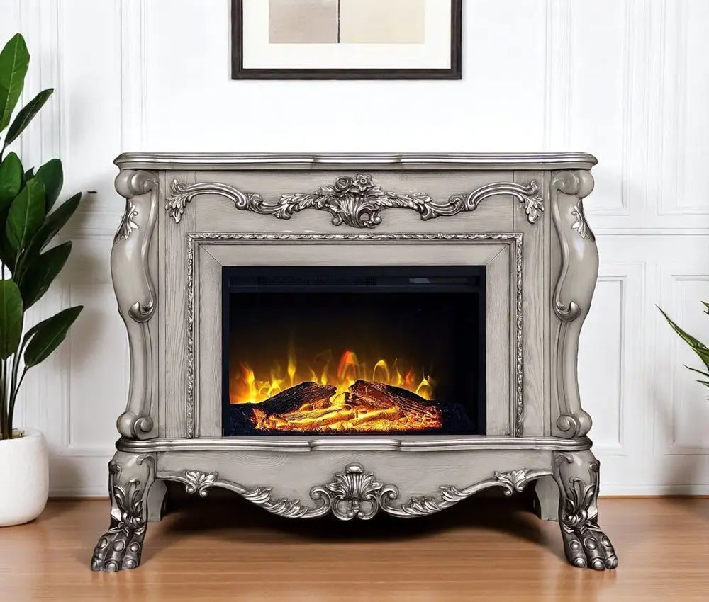 47" Bone Wood Ornate Carved Scrollwork Electric Free Standing Fireplace With Mantle - NOBLE HOME INTERIORS